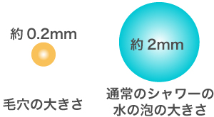 毛穴の大きさ約0.2mm通常のシャワーの 水の泡の大きさ約2mm